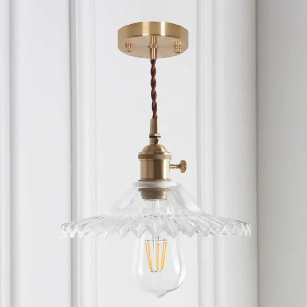 8.66 Industrial Brass Pendant Light With Scalloped Glass Shade For Coffee Shop / Clear