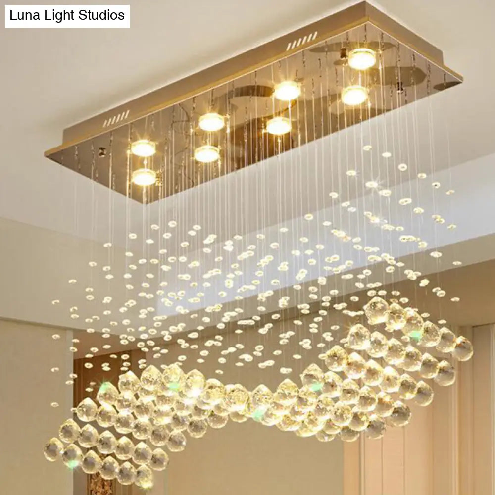 8-Light Wavy Ceiling Flush Mount With Stainless Steel Frame And Clear Crystal Orb Design