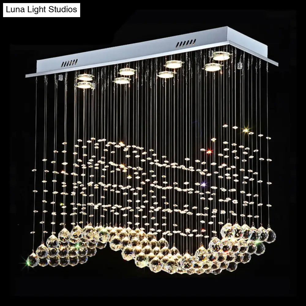 8-Light Wavy Ceiling Flush Mount With Stainless Steel Frame And Clear Crystal Orb Design