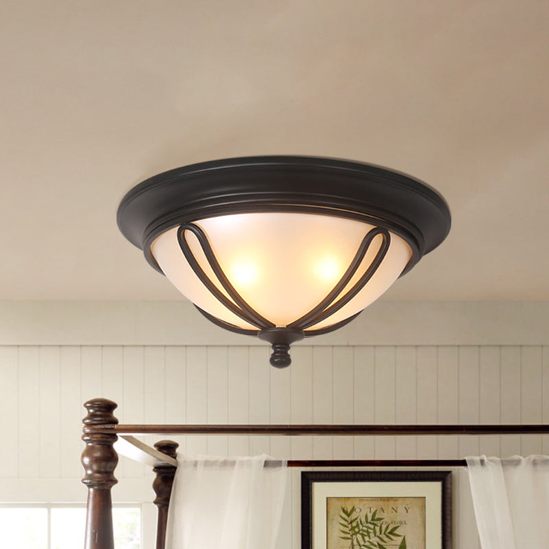 Antique Milk Glass Flush Mount Light With Metal Cage Frame - Black Finish 4 Bulb Lamp