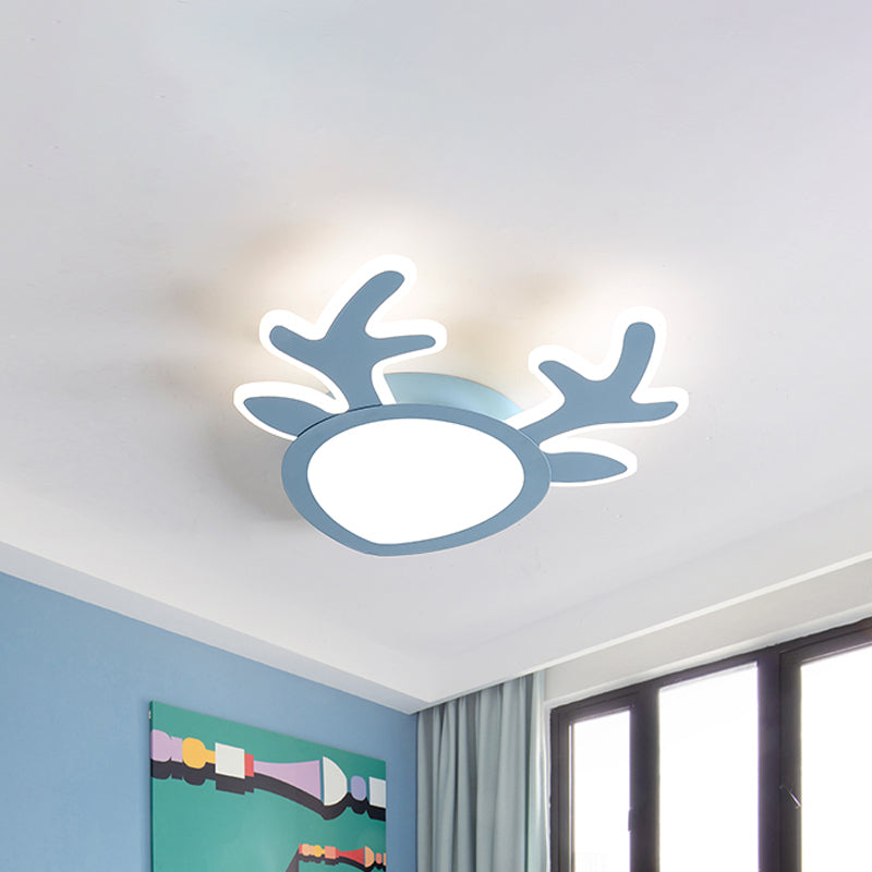 Macaroon Pink/Blue Led Childrens Bedroom Ceiling Light - Antler Iron Flush Mount Lamp