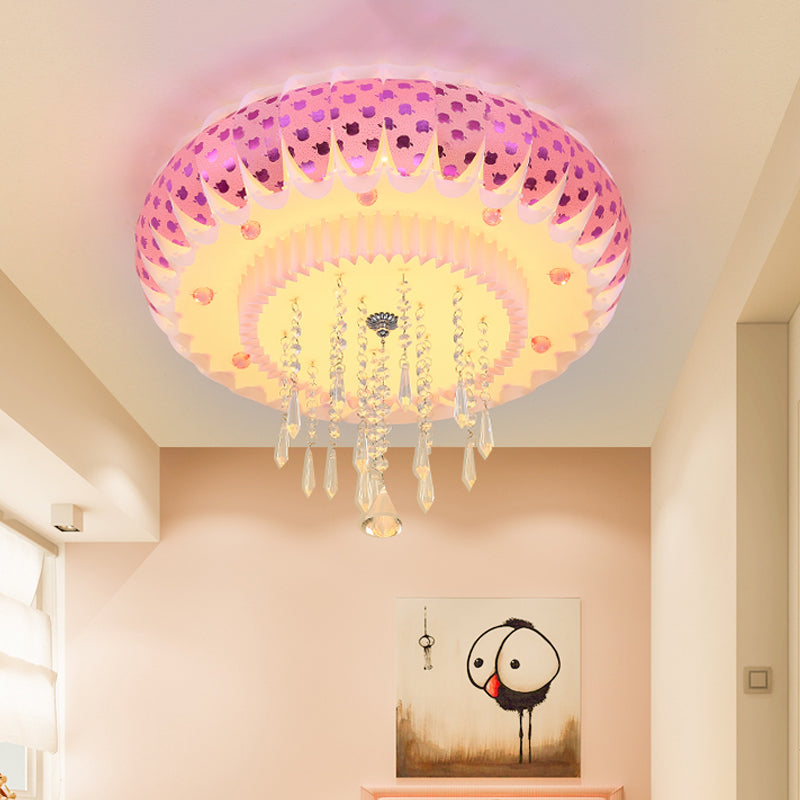 Modern Led Crystal Flush Mount Ceiling Light With Pink Drum Shade Perfect For Living Rooms