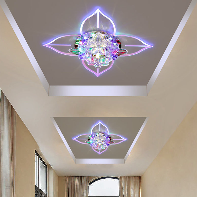 Modernist Led Crystal Ceiling Flush Light In White With Leaf Design And Multi-Color Options / Multi