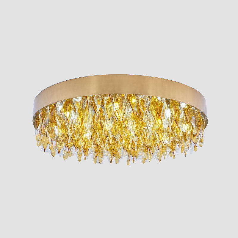Contemporary Amber Crystal Teardrop Flush Mount Ceiling Fixture - 6 Lights Bedroom Gold