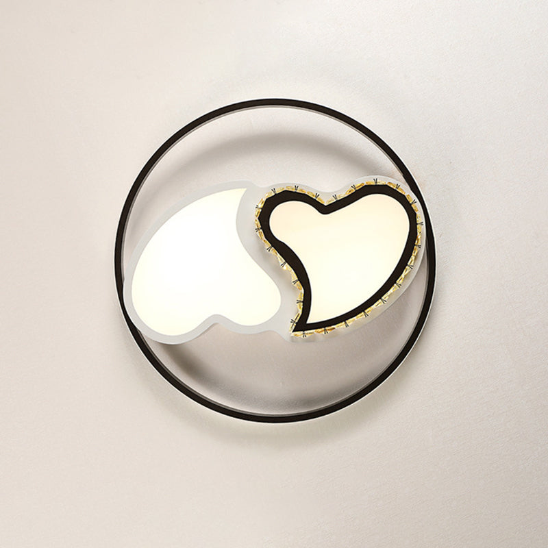 Childrens Square/Star/Heart Led Flush Mount Ceiling Light In Black-White With Crystal Accents