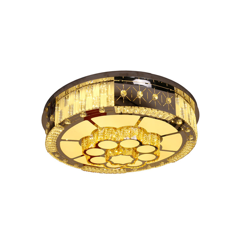Led Drum Shade Flush Mount Lamp With Chrome Crystal Blocks - Modern Style Ceiling Fixture For Living