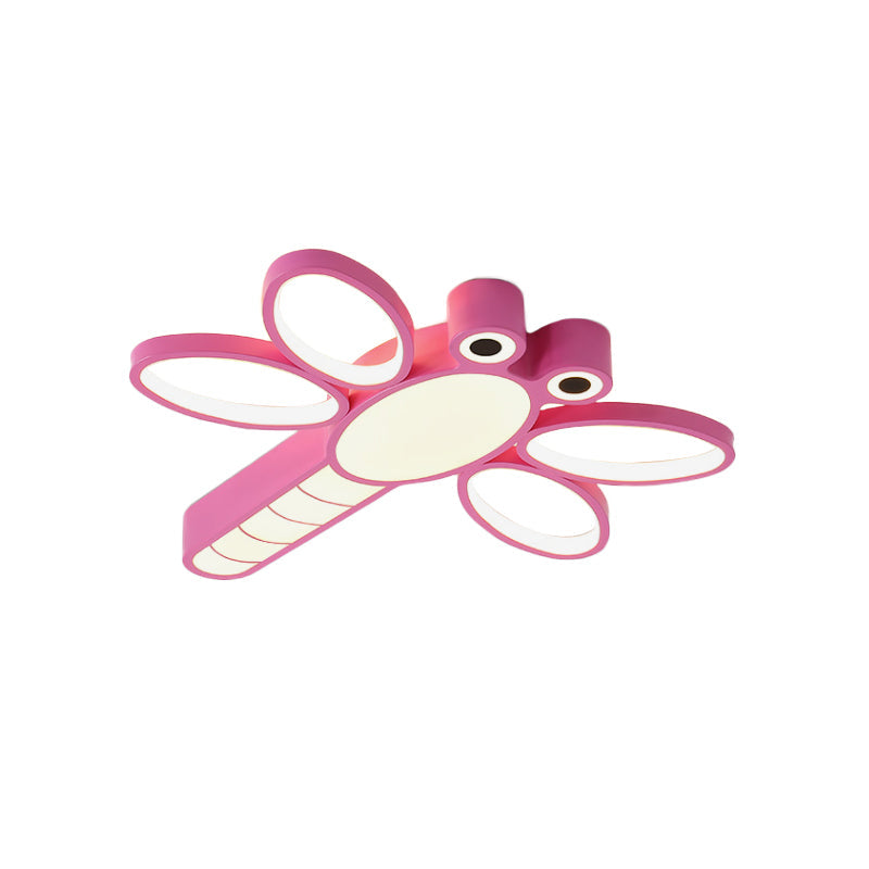 Iron Dragonfly Flush-Mount Cartoon Led Ceiling Light - Pink/Blue With Warm/White Lighting