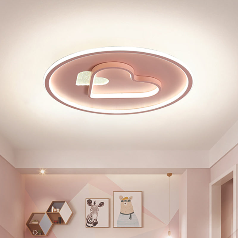 Kid Led Flush Mount Lamp: Vibrant Circle And Loving Heart Ceiling Fixture With Acrylic Shade