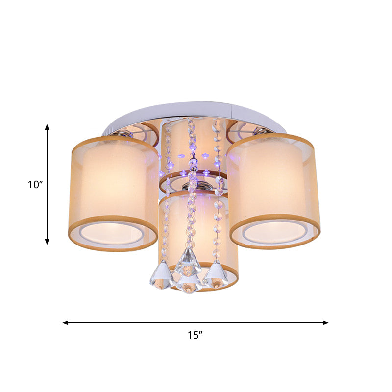 Modern Chrome Sheepskin Ceiling Light With Clear Crystal Accent - 3/7 Lights Cylinder Flush Mount