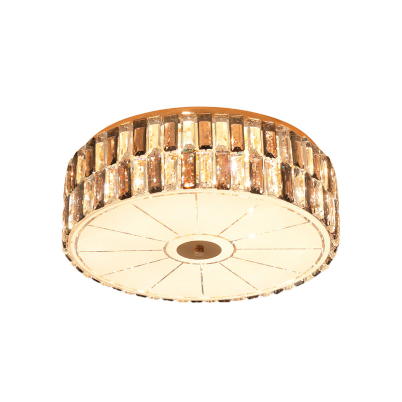9-Bulb Gold Drum Bedroom Flush Mount Lamp With K9 Crystal And Glass Diffuser