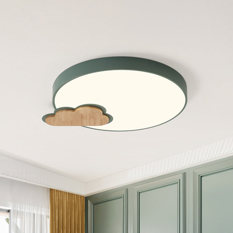 Circle Flush Macaron Led Ceiling Light With Grey/Green Finish And Cloud Wood Detail - White/Warm