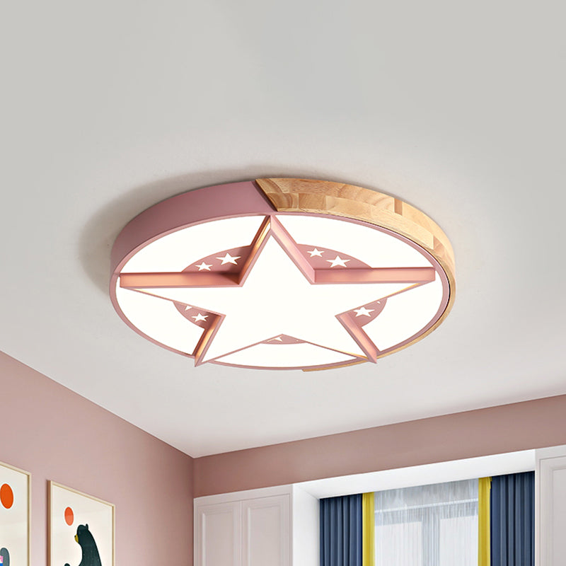 Round Metal Led Macaron Flush Mount Ceiling Light In White/Pink/Blue And Wood For Star-Themed