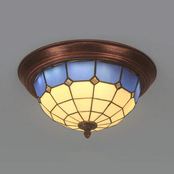Lodge Stained Glass Bowl Ceiling Light Fixture - 1 Bulb Flushmount In Blue & White Dark