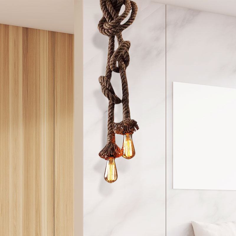 Vintage Style Rope Pendant Light With Open Bulbs - Brown 2 Heads Ideal For Bars