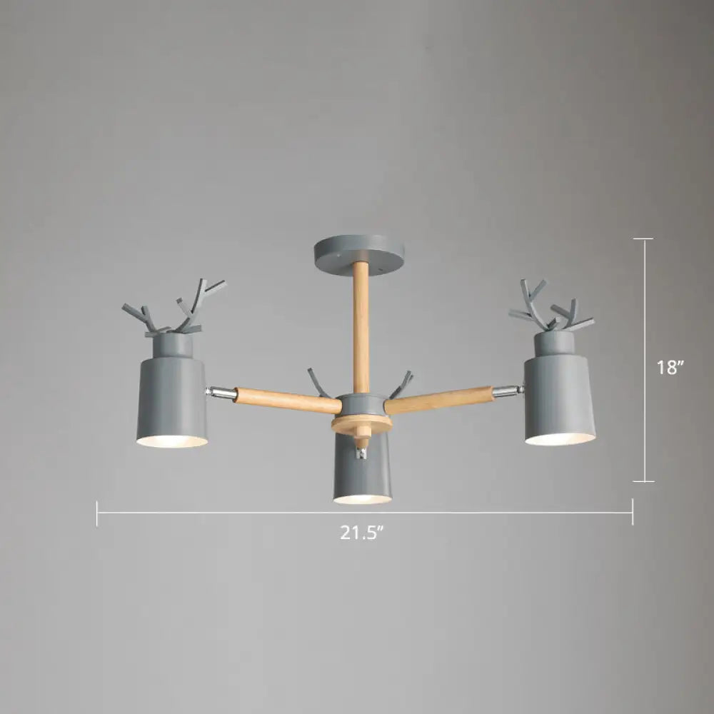 Adjustable Nordic Chandelier Light With Metal Antler Design Cylindrical Shade And Wooden Arm 3 /