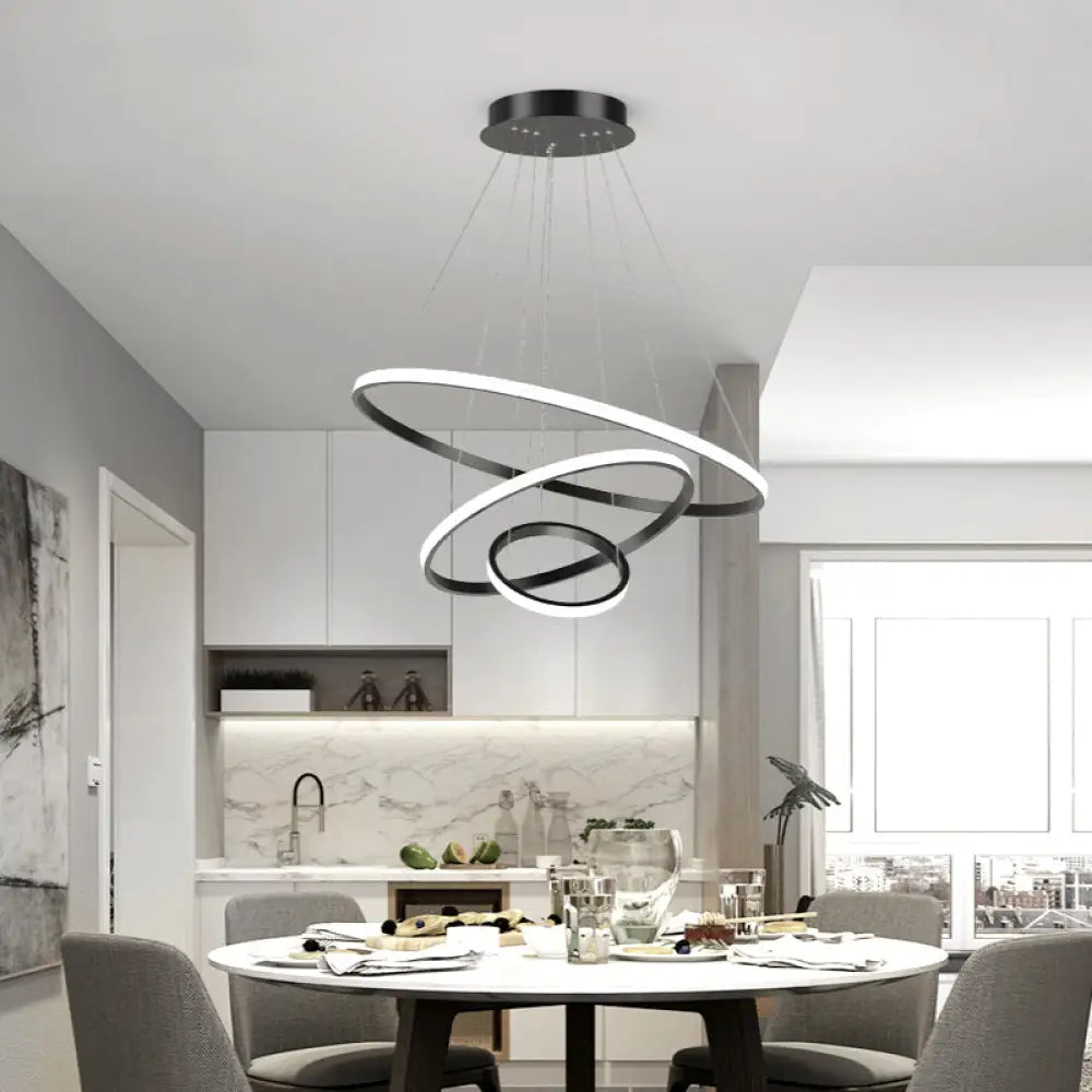 Aluminum Led Chandelier: Outer Glowing Ring Shaped Hanging Light For Restaurants Black / 3 Tiers