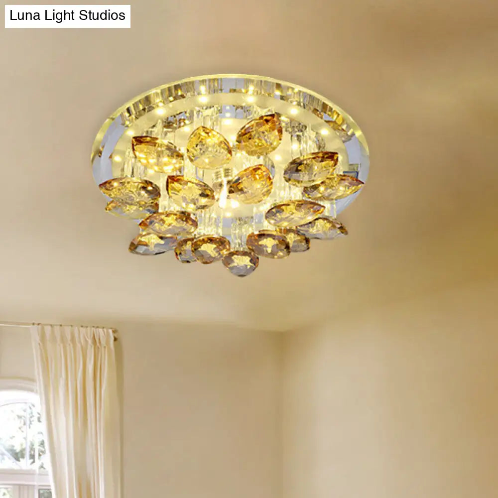 Amber Crystal Flush Mount Lamp - Teardrop Led Ceiling Fixture In Warm/White Light With Prism Column