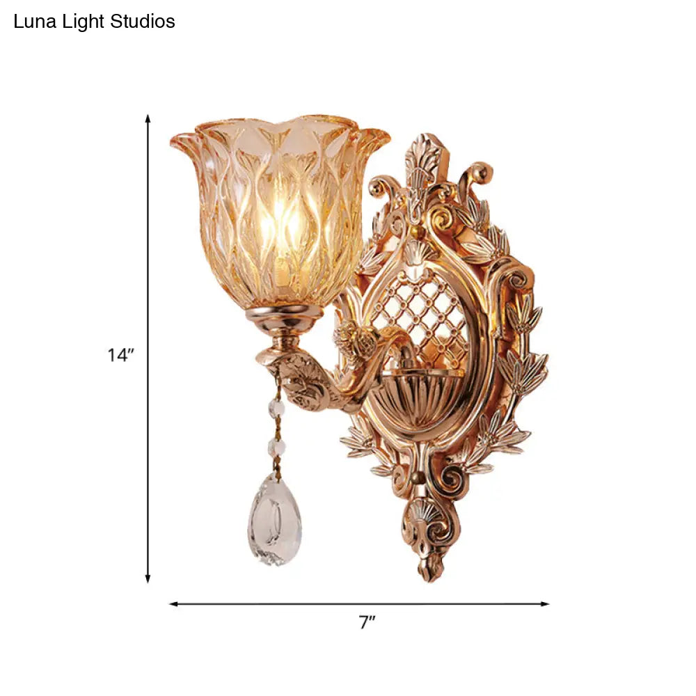 Amber Glass Floral Wall Light - Traditional Single Bulb Sconce Lighting In Gold