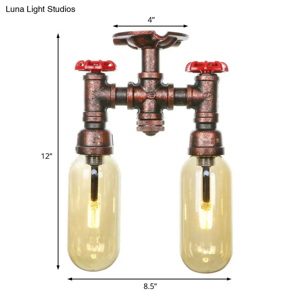 Amber Glass Semi Flush Industrial Dining Room Light Fixture In Weathered Copper - Capsule Shade 2 -