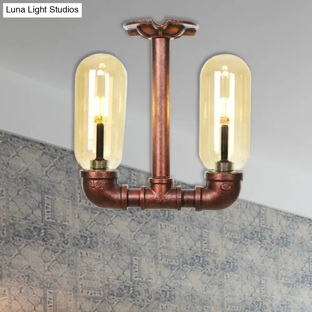 Amber Glass Semi Flush Industrial Dining Room Light Fixture In Weathered Copper - Capsule Shade 2 -