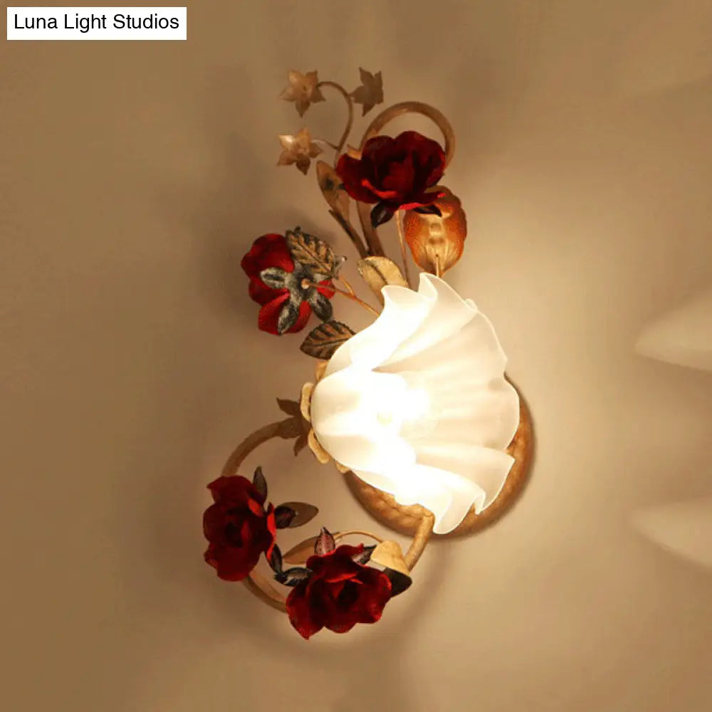 American Flower Wall Sconce 1 Bulb Blooming Light In Red Brown Frosted White Glass -
