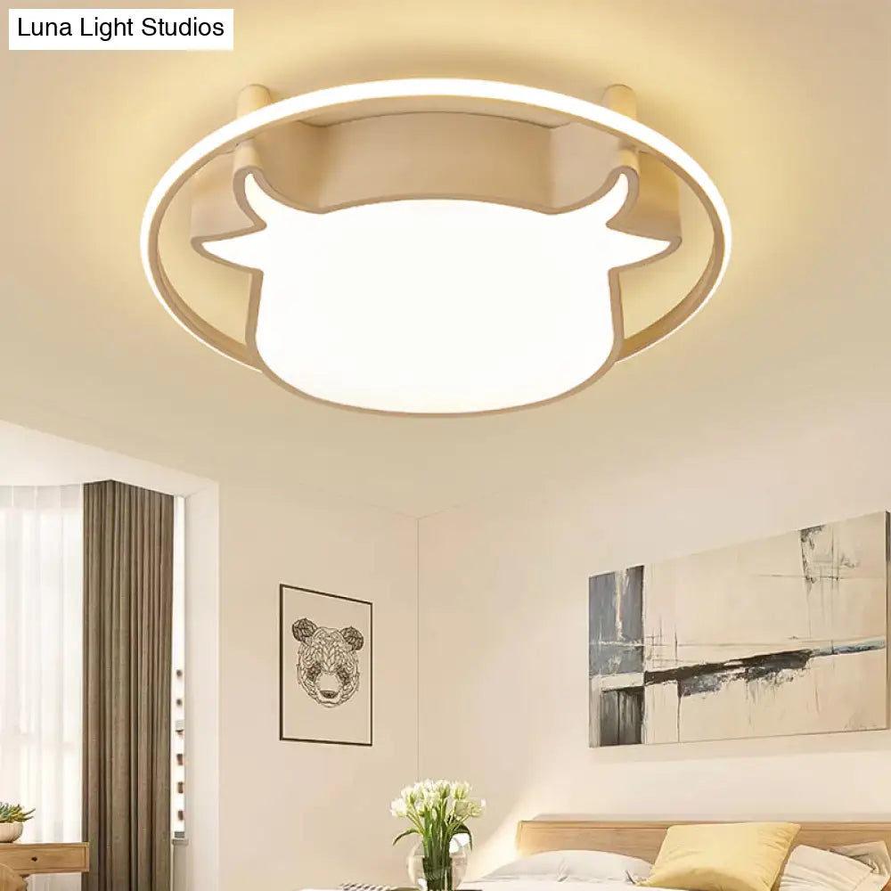 Animal - Inspired Ring Kid’s Flush Ceiling Light: Eye - Caring Ox Head Acrylic Lamp
