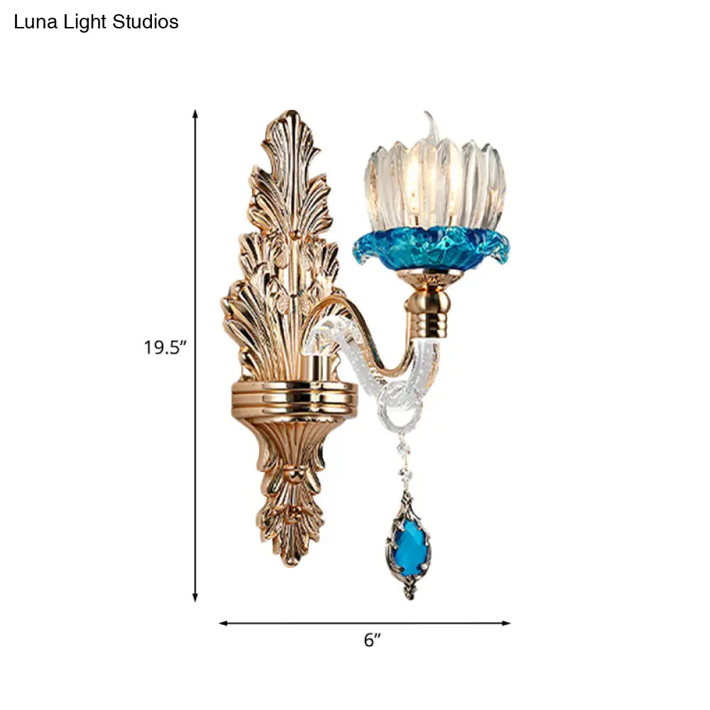 Antique Blue Crystal Flowerbud Wall Mount Light For Living Room
