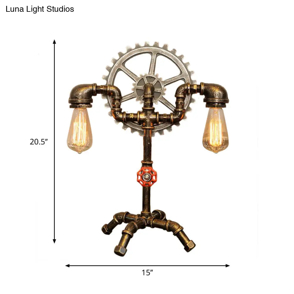 Antique Brass Bedroom Standing Light: 2-Light Table Lighting With Water Pipe And Gear Wrought Iron