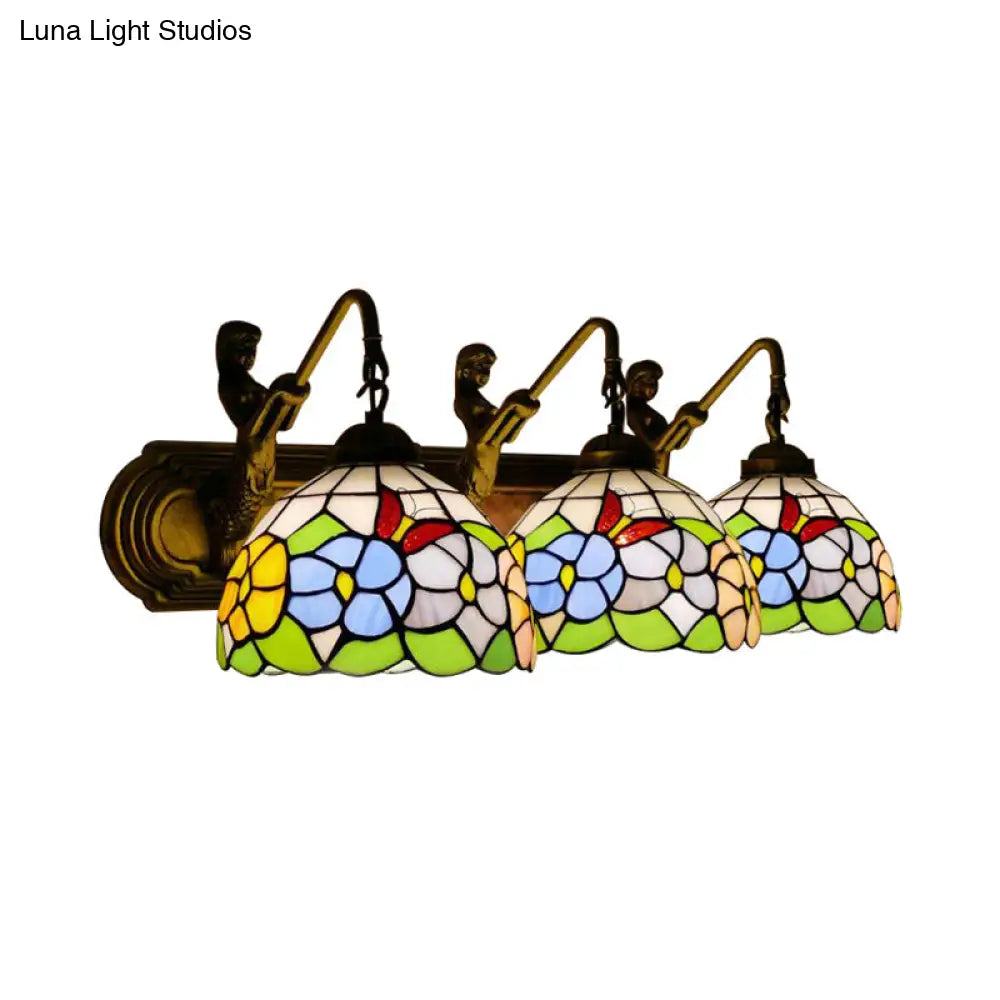 Antique Brass Peony Sconce Lighting With Tiffany Blue/Pink Glass - Wall Mounted 3 Lights