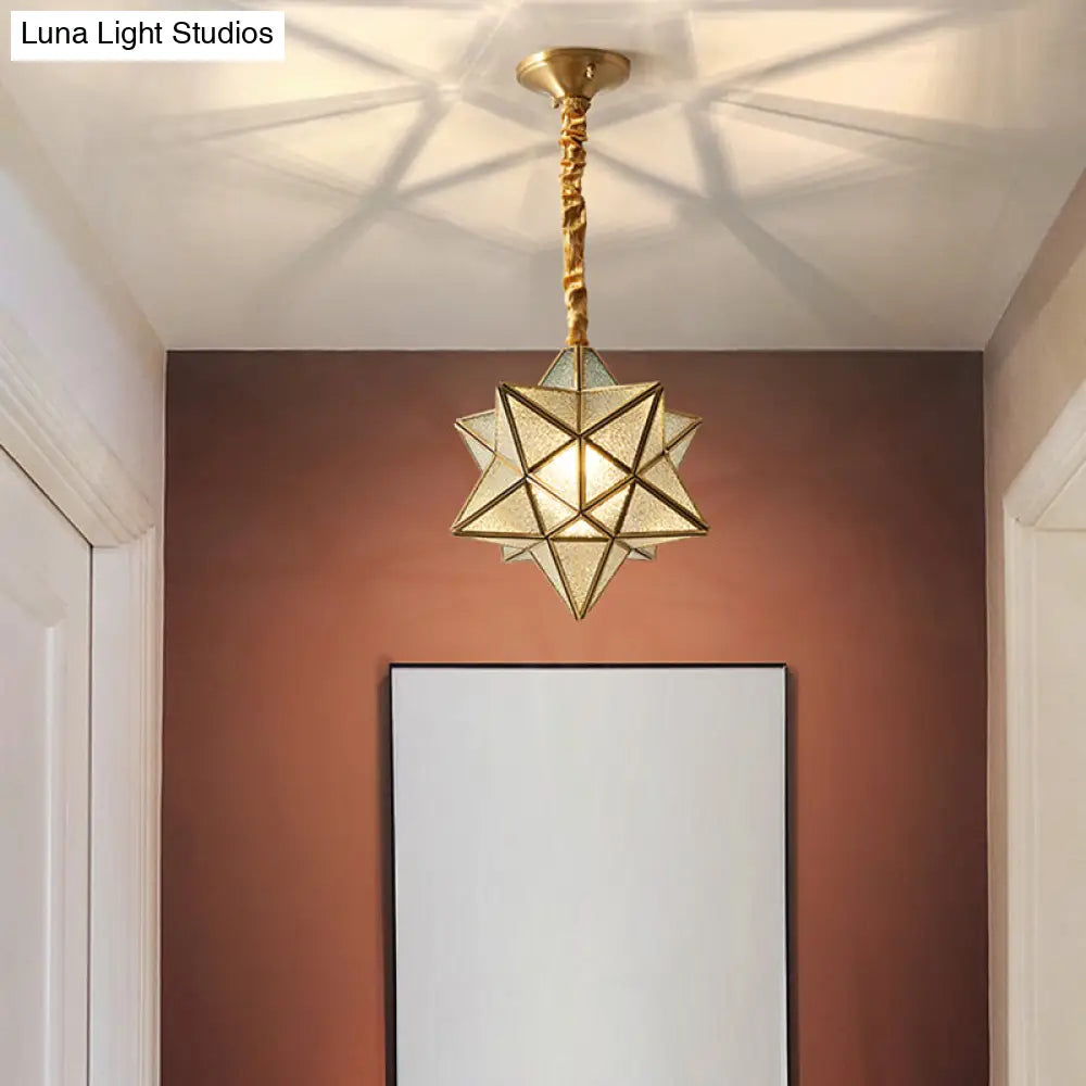 Antique Brass Star Shade Glass Pendant Lamp - Vintage Hanging Light For Hallway With Adjustable