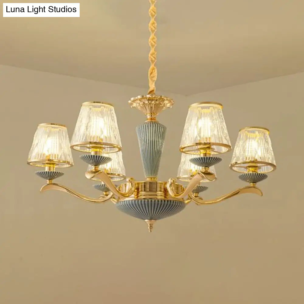 Antique Gold Ribbed Glass Chandelier - Elegant Bedroom Ceiling Pendant Lamp