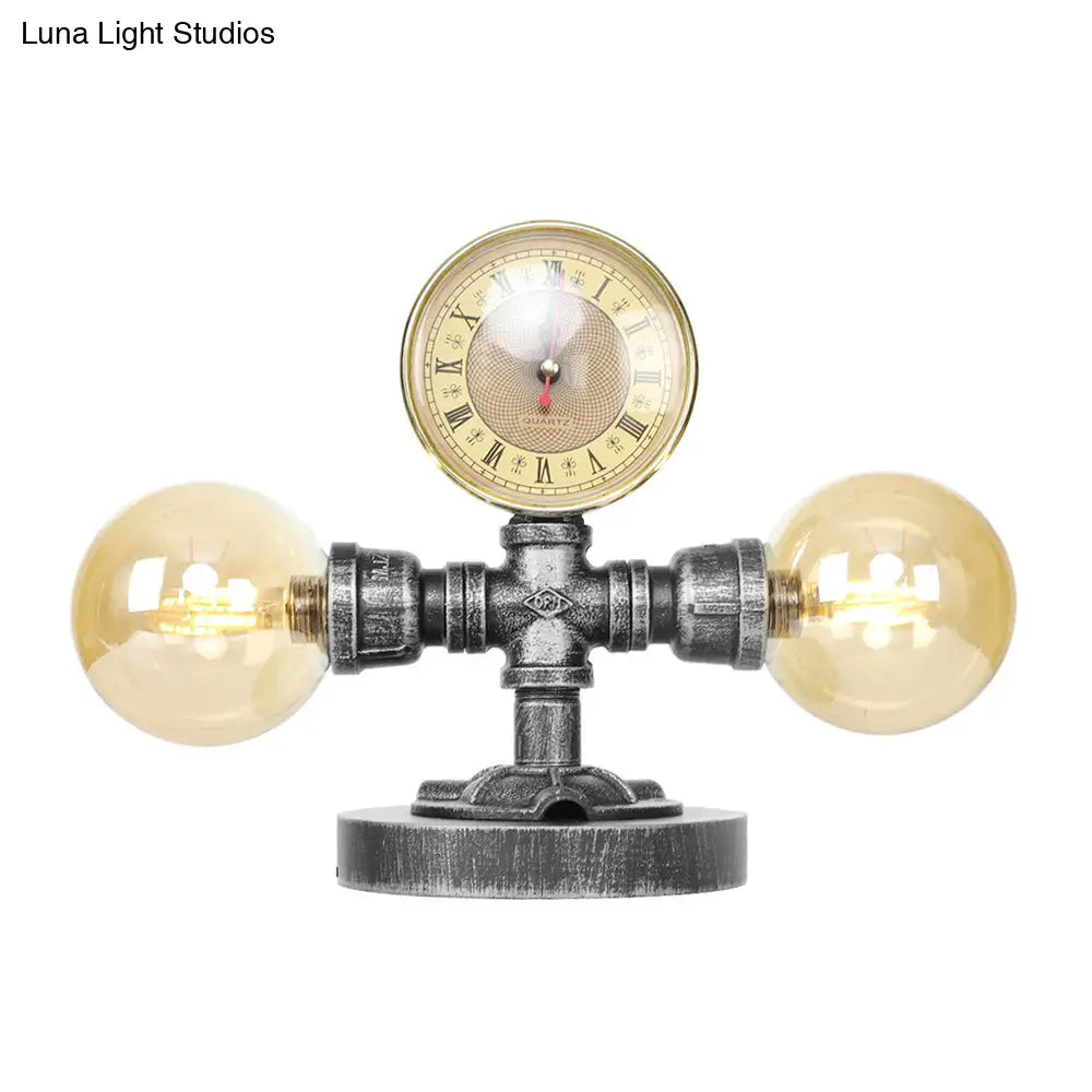 Antique Silver Round Shade Table Lamp With Clear/Amber Glass - Industrial Style 2 Lights And Sturdy