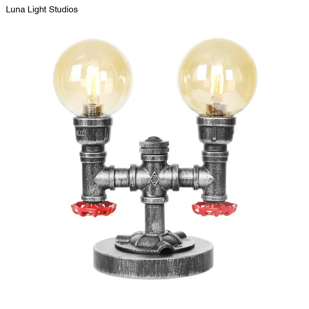 Antique Silver Round Shade Table Lamp With Clear/Amber Glass - Industrial Style 2 Lights And Sturdy