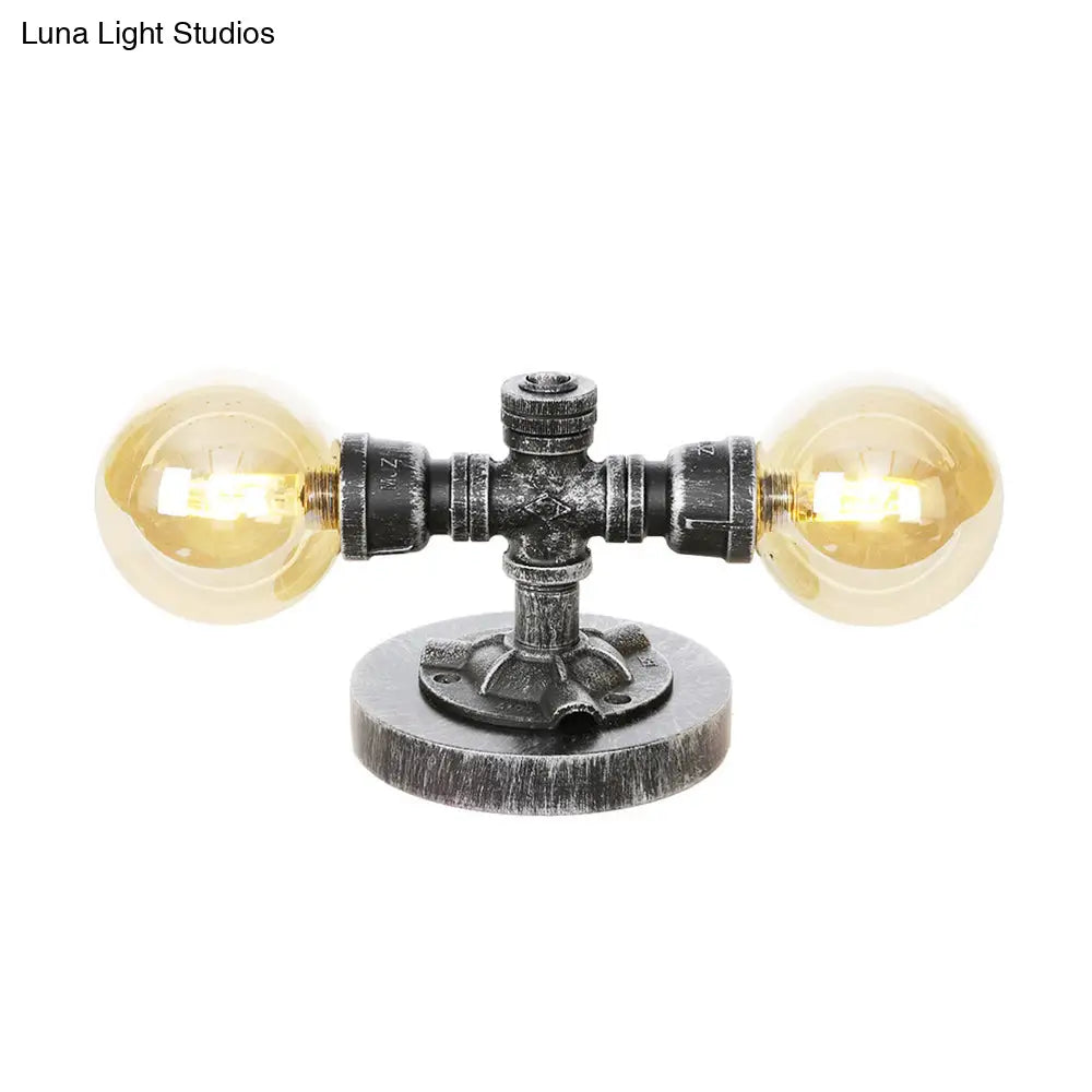 Antique Silver Round Shade Table Lamp With Clear/Amber Glass - Industrial Style 2 Lights And Sturdy