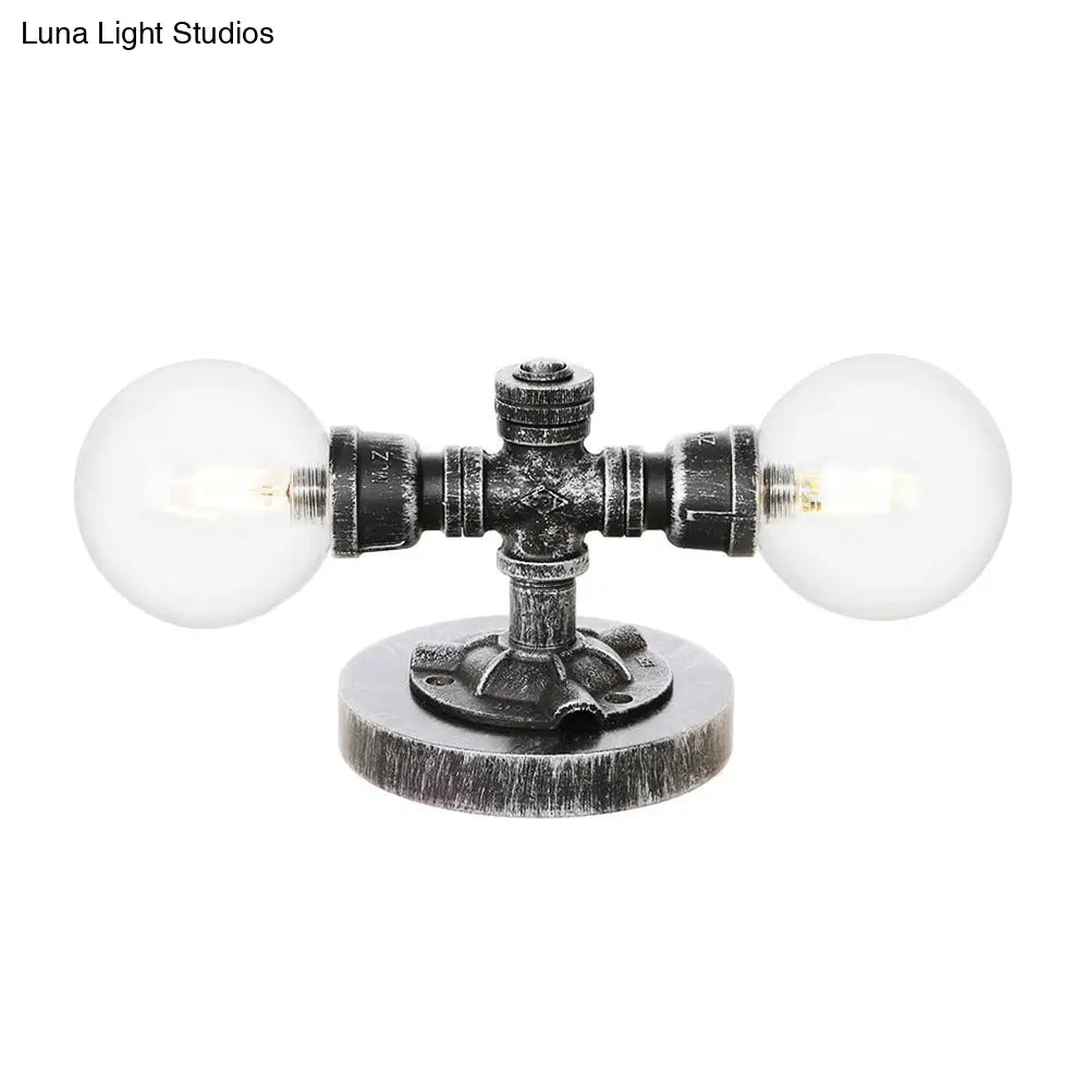 Antique Silver Round Shade Table Lamp With Clear/Amber Glass - Industrial Style 2 Lights And Sturdy