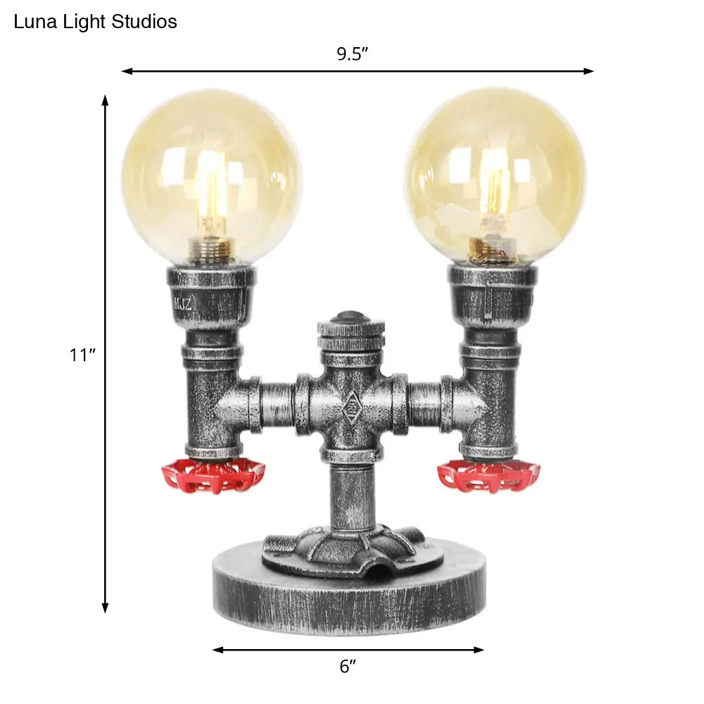 Antique Silver Round Shade Table Lamp With Clear/Amber Glass - Industrial Style 2 Lights And Sturdy