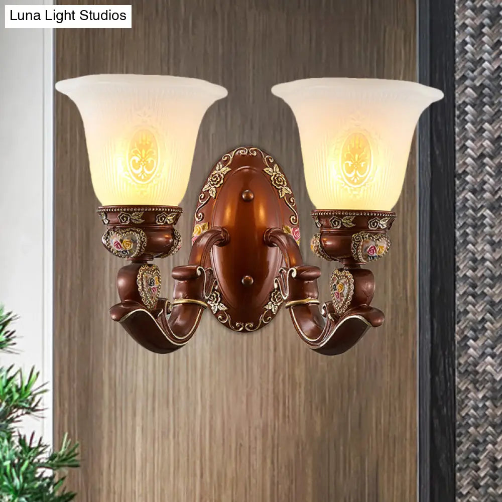 Antique Style Wall Sconce With Brown Bell Shade And Milky Glass 1/2-Head - Perfect For Bedside
