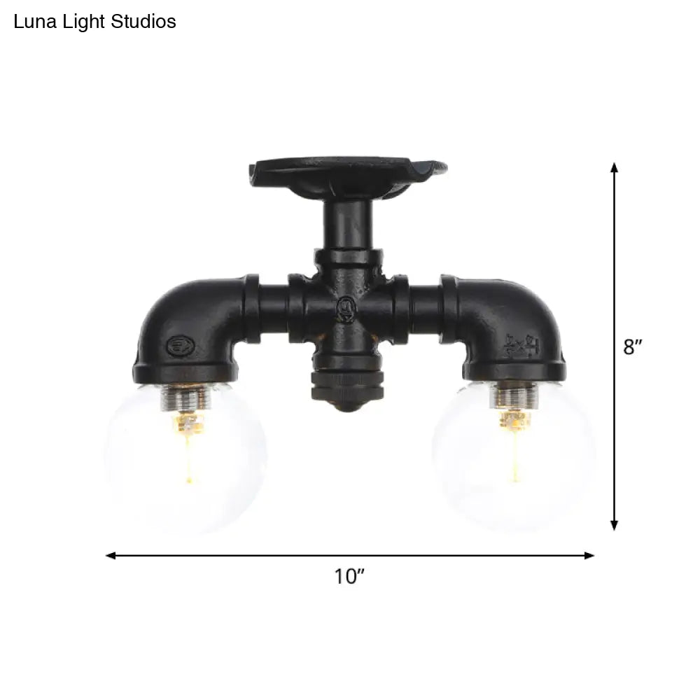 Antiqued Black Semi Mount Lighting With Clear Glass - 2 - Light Sphere Flush Mounted Lamp