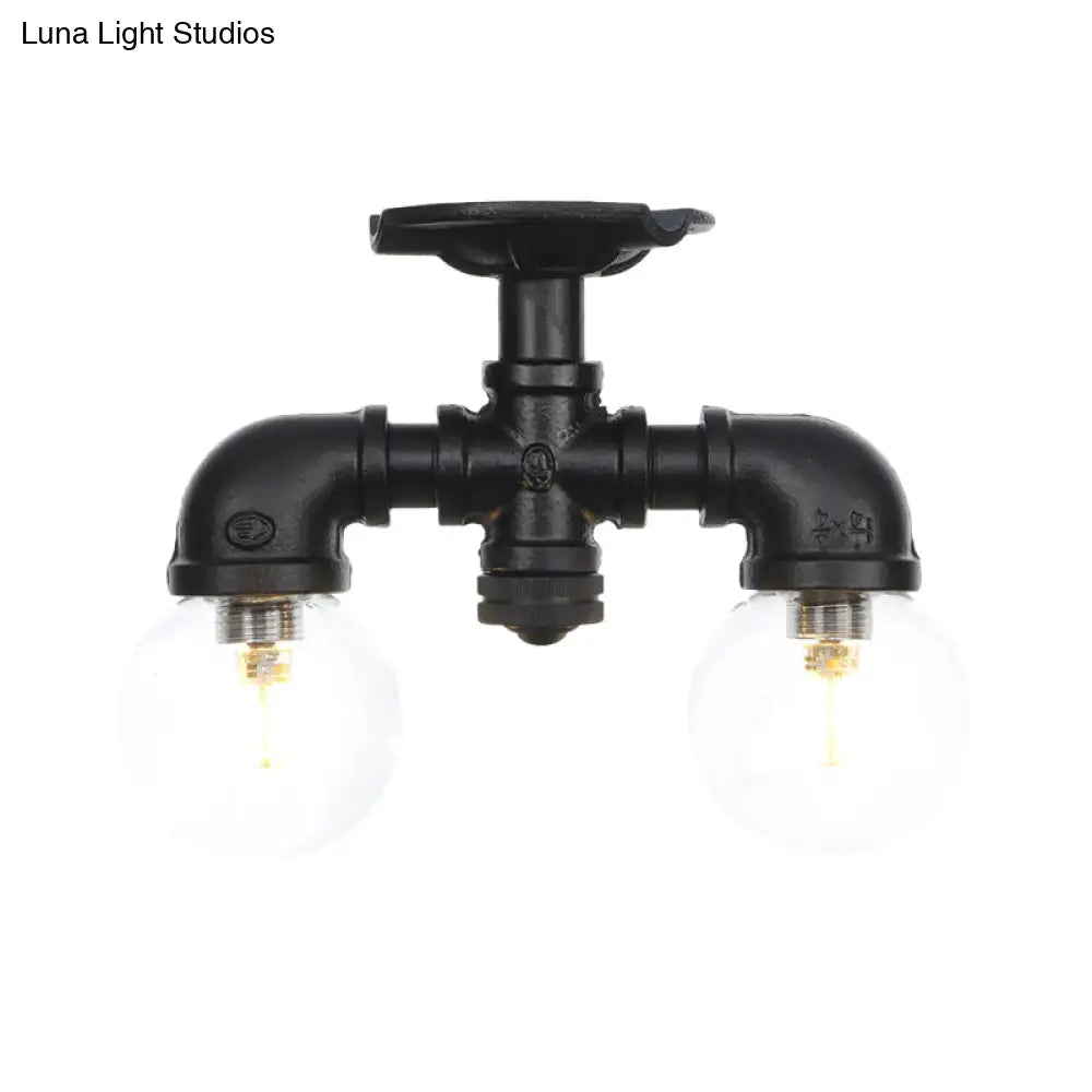 Antiqued Black Semi Mount Lighting With Clear Glass - 2 - Light Sphere Flush Mounted Lamp