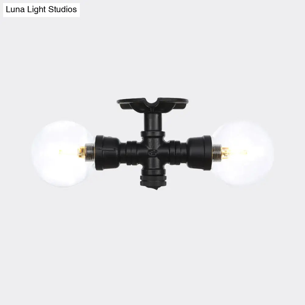 Antiqued Black Semi Mount Lighting With Clear Glass - 2 - Light Sphere Flush Mounted Lamp