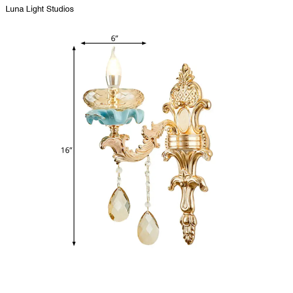 Antiqued Candlestick Wall Lamp With Crystal Sconce Light Fixture In Gold
