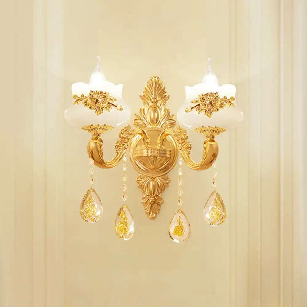 Antiqued Imitation Jade Gold Finish Wall Sconce With Crystal Drop - Candle Living Room Lamp 2 /
