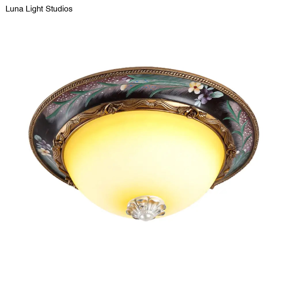 Antiqued Yellow Glass Led Flush Mount Fixture - Brass Domed Lighting 12’/16’ Wide Bedroom