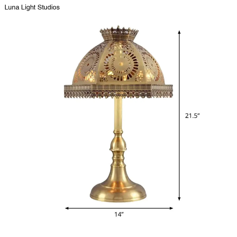 Art Deco Brass Dome Table Lamp - Metallic 1 Head Nightstand With Hollowed Out Design For Living Room