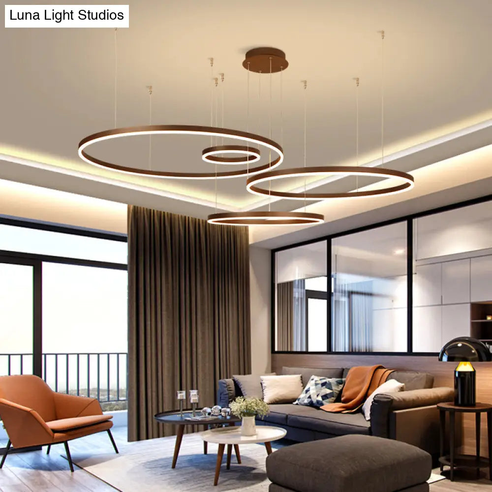Artistic Led Aluminum Chandelier - Loop Shaped Coffee Hanging Light For Living Room