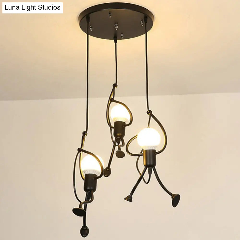 Artistic Stickman Pendant Lamp - Metal 3-Light Black Dining Room Hanging Light