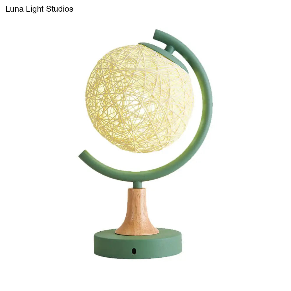 Asia Style Metallic Globe Nightstand Light - White/Grey/Green With Rattan Shade