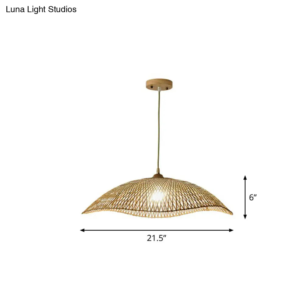 Asian Bamboo Wave-Edge Suspension Pendant Light With 1-Bulb In Beige Ideal For Bedroom Lighting