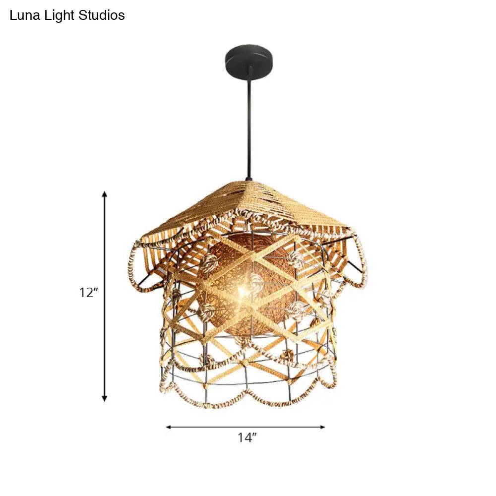 Asian Style Beige Pendant Light With Metal & Rope For Cottage