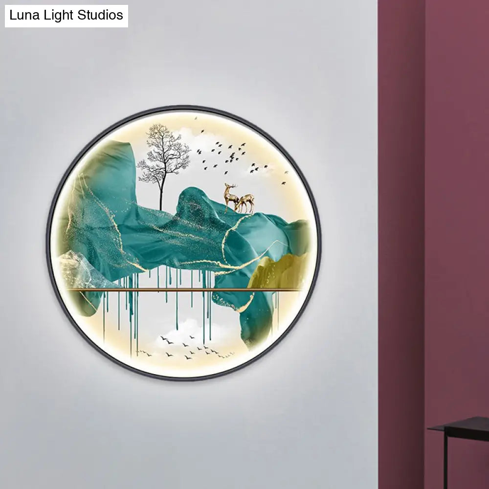 Asian-Style Led Fabric Wall Mural Mount Lamp - Yellow/Green Circle Light With Landscape Pattern
